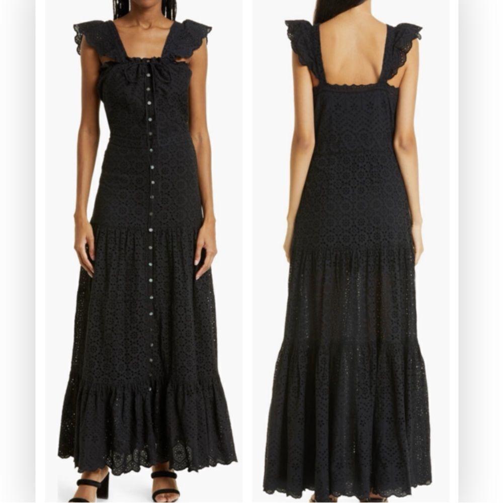 Veronica Beard Black Aislin Eyelet Cotton Maxi Dress Size 0 NWT $648